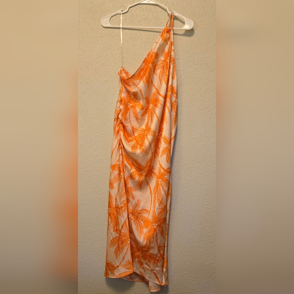 NWT Future Collective Asymmetric Orange Palm Print Midi Dress Large